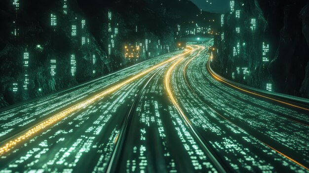 Datos binarios que se mueven en una carretera digital Concepto de carretera de código digital