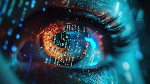 Datos digitales reflejados en el ojo del hacker en la habitación oscura Información de red para el tema de seguridad cibernética Concepto de tecnología informática de IA Código futuro Arte de fraude de hacking