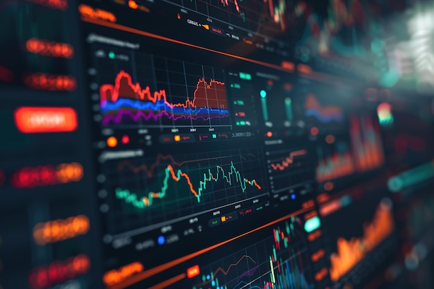 Datos dinámicos del mercado de valores mostrados en pantallas con gráficos e indicadores