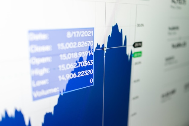 Datos financieros en un monitor como concepto de datos financieros. Negocios que analizan las estadísticas financieras que se muestran en la pantalla de la tableta.