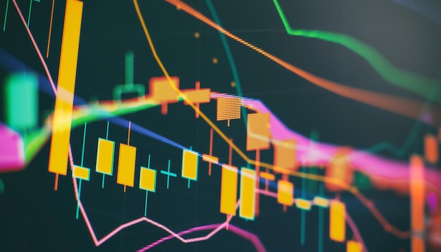 Datos financieros en un monitor que incluye Market Analyze Gráficos de barras Diagramas figuras financieras Resumen brillante gráfico de forex interfaz papel tapiz Inversión comercio finanzas bursátiles