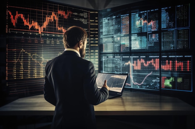 Datos financieros que analizan los datos de mercado en muchas pantallas grandes