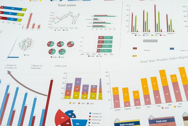 Datos de gráficos de informes financieros en el escritorio de la oficina