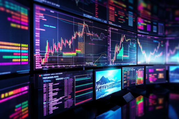 datos del mercado de valores Una fila de monitores con un gráfico en la parte superior que