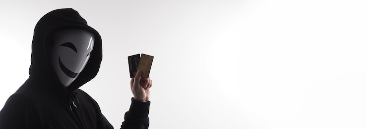 Foto datos personales de tarjetas de crédito robados por un hombre anónimo con camisa negra