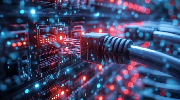 Datos que fluyen a través de cables de fibra óptica fondo de neón digital IA generativa