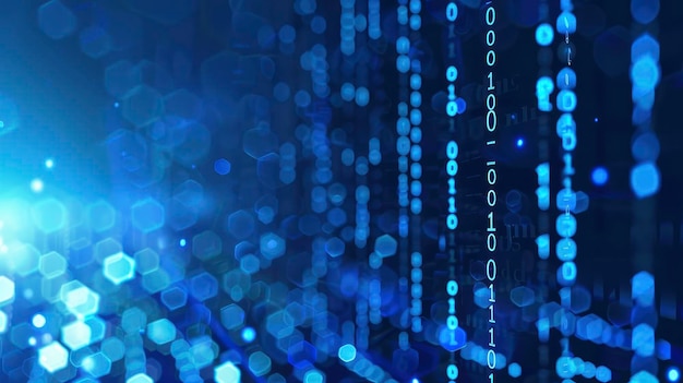 Los datos y la tecnología se muestran con el fondo azul de código binario