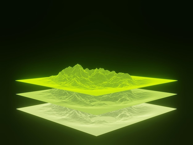 Datos topográficos de la cuadrícula de la montaña holográfica verde en 3D