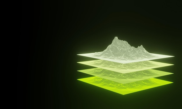 Datos topográficos de la cuadrícula de la montaña holográfica verde en 3D