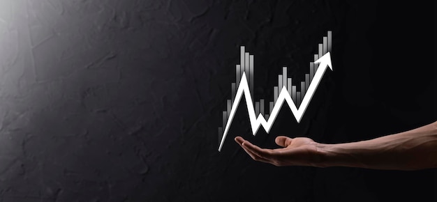 Datos de ventas de mano y gráfico de crecimiento económico Planificación y estrategia de negocios Análisis de comercio de intercambio Finanzas y banca Tecnología marketing digitalPlan de ganancias y crecimiento