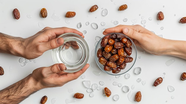 Datteln in der Handpalme, die bereit sind, für den Iftar serviert zu werden Konzeptfoto von Ramadan-Essen Ramadan-Aktivitäten Datteln Glas Wasser, isoliert auf weißem Hintergrund mit Kopierraum