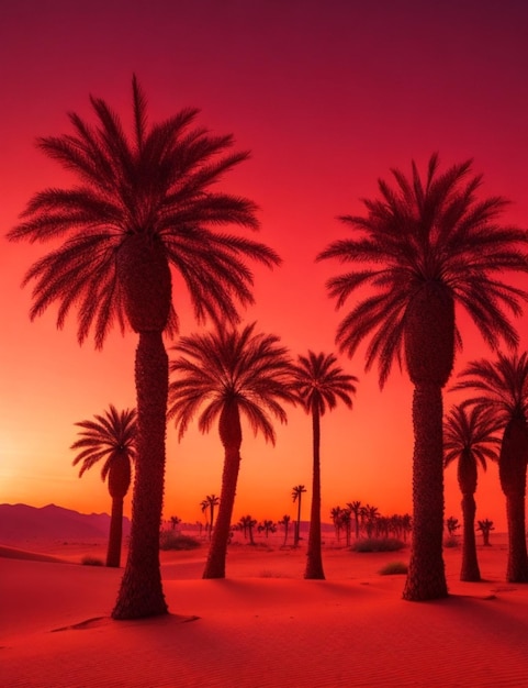 Dattelpalmen in der Wüste mit rotem Himmel