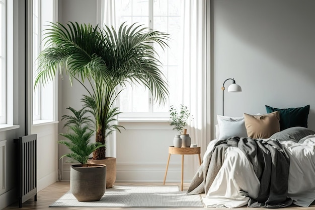 Dattelpalmen-Zimmerpflanzen in einem Schlaf- oder Wohnbereich mit einer skandinavisch-minimalistischen Umgebung