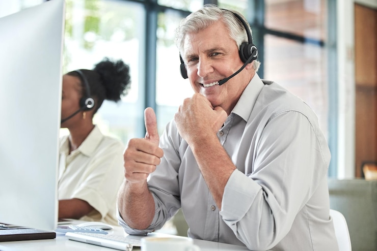 Foto daumen hoch für den kundensupport und porträt eines älteren mannes für online-hilfe, dankeschön und telemarketing. call-center-handzeichen und glücklicher älterer männlicher mitarbeiter für den kontakt mit uns, crm-service und beratung