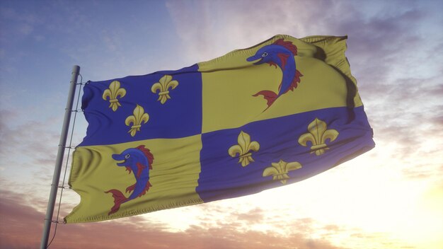 Dauphine-Flagge, Frankreich, weht im Wind-, Himmels- und Sonnenhintergrund. 3D-Rendering.