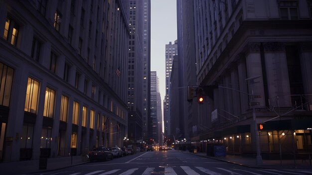 Foto dawn no distrito financeiro de nova iorque tranquil urban road em meio a arranha-céus