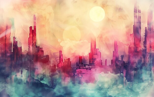 Dawn of the Metropolis um horizonte da cidade ao nascer do sol onde os tons de fusão de rosa e azul criam um