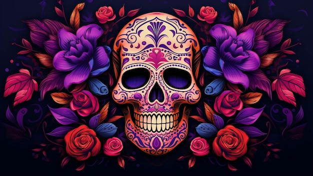 Day of the Dead-Design mit einem zeitgenössischen Twist, das traditionelle Zucker-Schädel-KI-generierte Mischung