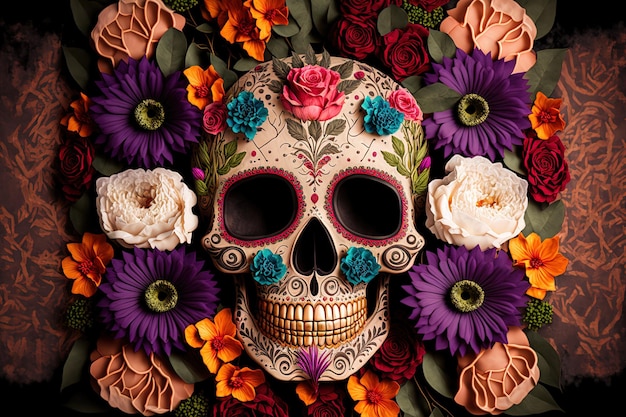 Day of the Dead Halloween kreative Kulisse mit einem Totenkopf mit Blumen