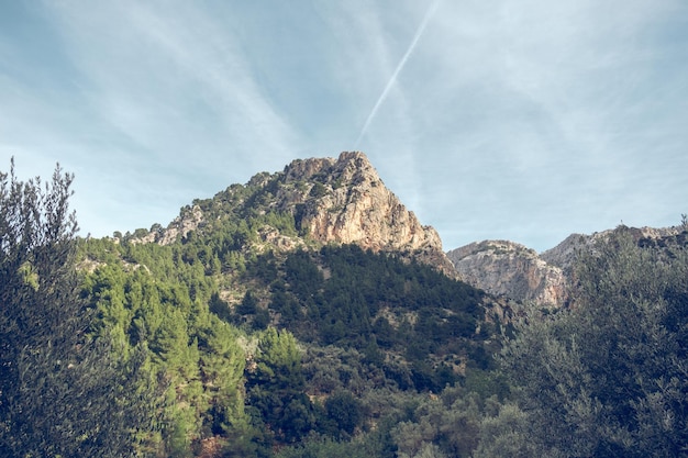 De baixo do pico da montanha áspera coberta de arbustos verdes contra o céu azul nublado durante o dia em Maiorca, Espanha