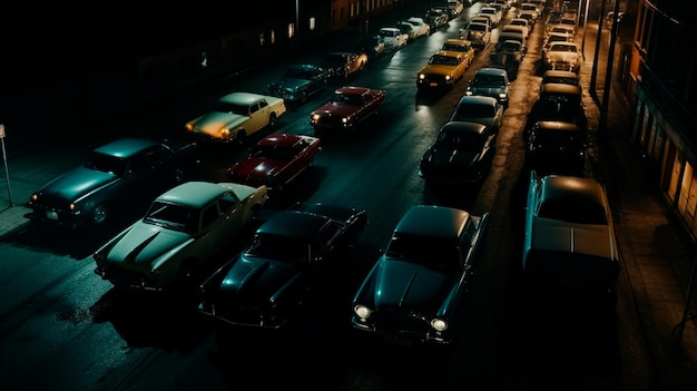 De cima de carros clássicos estacionados na estrada de asfalto na cidade escura da noite Generative AI
