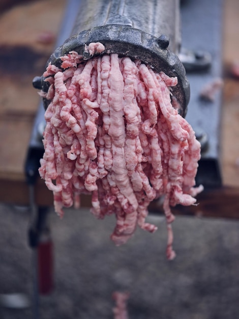 De cima do close-up de carne picada crua obtida do moedor manual de metal colocado na mesa de madeira na vila de Maiorca enquanto prepara a refeição tradicional