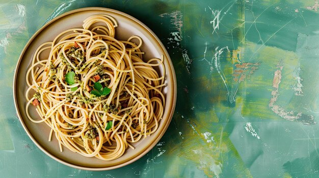 Foto de cima prato de cerâmica com espaguete de avelã pesto em superfície de mesa verde generative ai