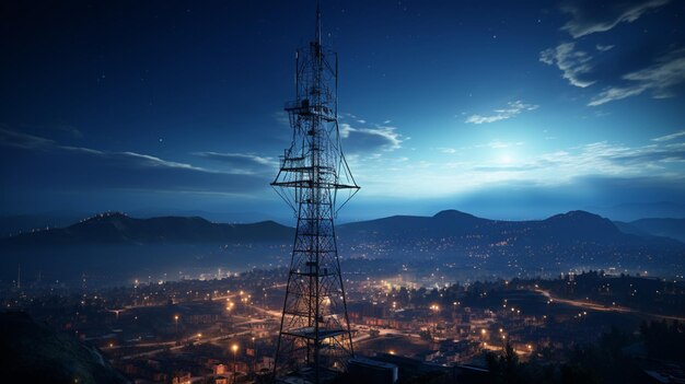 De cima, veja a imagem gerada pela IA da torre de dados móvel sem fio celular