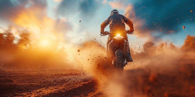 Foto de costas de homem piloto em corridas de motocicleta de enduro esportivo no deserto empoeirado ao pôr do sol