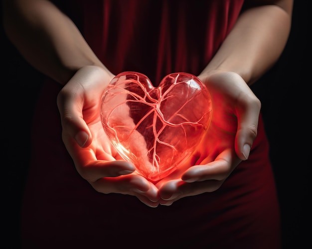 de duas mãos de mulher segurando um coração de papel vermelho no estilo de representação realista espiritual