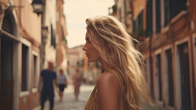 De férias em Veneza, Itália, uma bela modelo loira sai da rua Generative AI