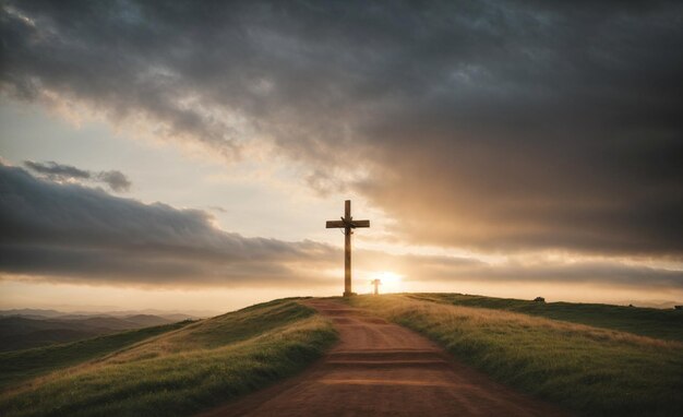 Foto de jesus cristo está na cruz da colina durante o nascer do sol ao longo da estrada de caminhada ai generativa