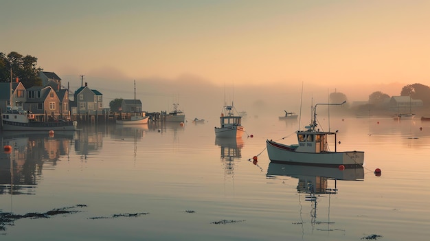 Foto de manhã cedo no porto um barco de pesca está atracado e cercado por bóias há um belo nascer do sol no fundo
