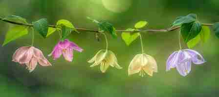 Foto de manhã, no vale, flores de chionanthus de cores diferentes.