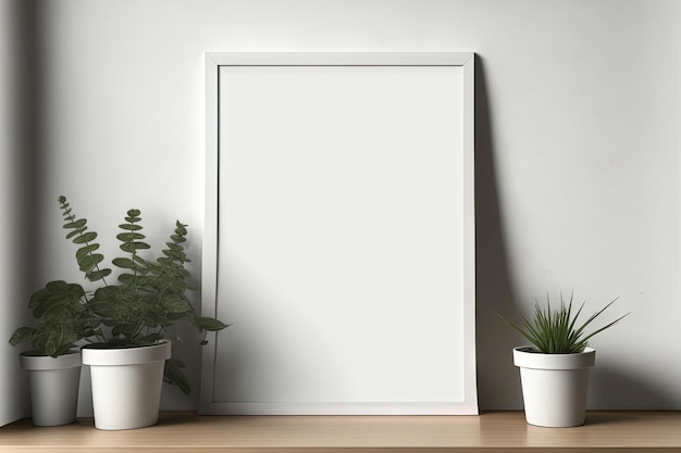 De pé contra uma parede interna, há uma moldura de foto horizontal simulada com espaço em branco para marcar ou escrever decoração com um modelo de imagem modesto