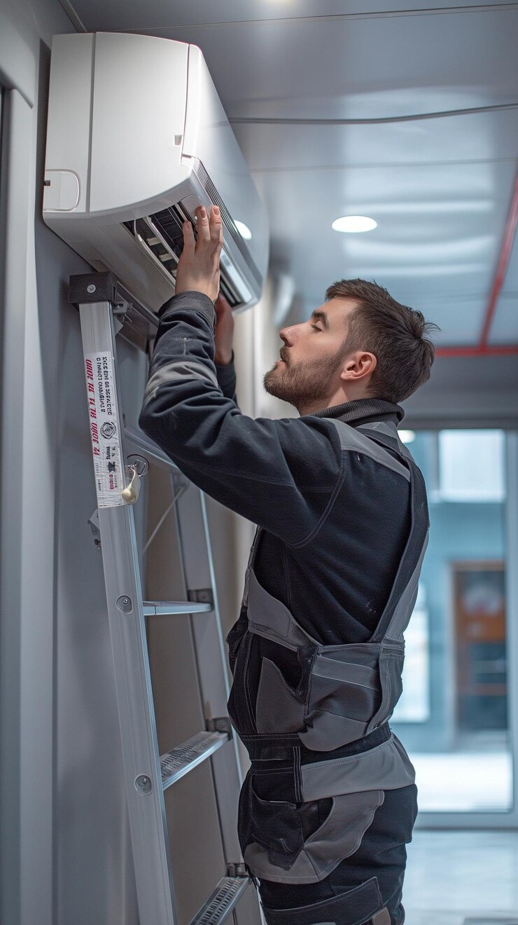 De pé em uma escada para manter ou limpar um ar condicionado interior contemporâneo é um eletricista profissional em uniforme