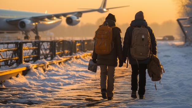 Foto de pé na fila para embarcar no avião na pista de aterrissagem tempo frio com nevoeiro apenas choveu