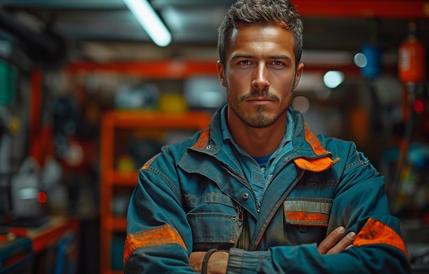 De pé na garagem de um centro de manutenção de carros, um atraente mecânico adulto usa um uniforme, cruza os braços e posa com confiança.