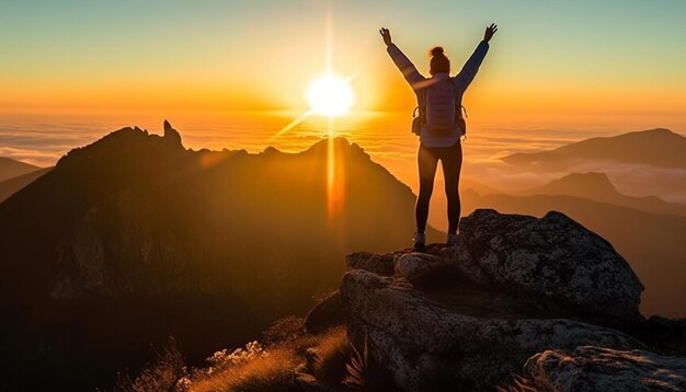 De pé no pico da montanha, braços estendidos, torcendo gerado por IA