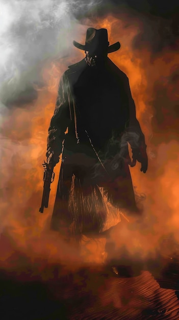 De pé no topo de uma duna de areia vermelha no nevoeiro está uma pessoa sombria carregando uma pistola elaborada e vestindo um casaco longo e um chapéu