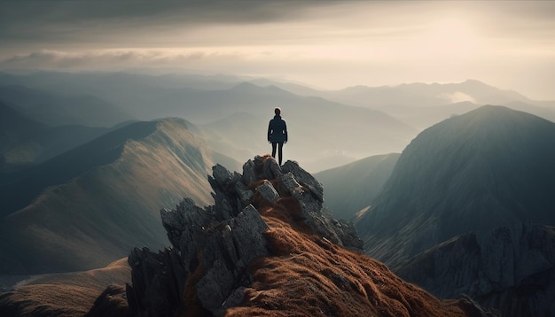 De pé no topo do majestoso pico da montanha gerado pela ia