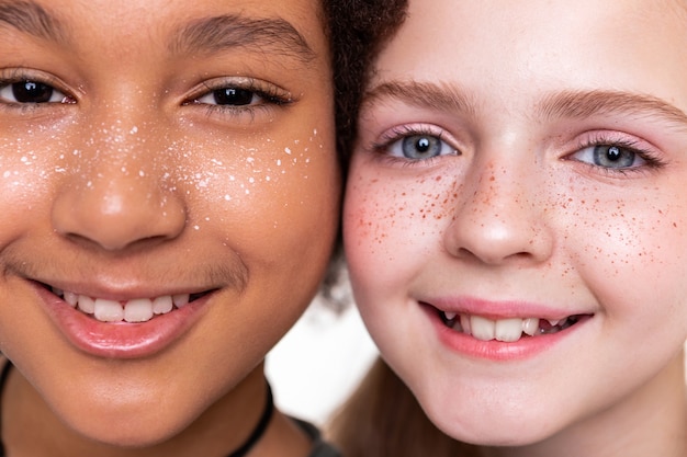 De pé perto. Crianças lindas e perfeitas parecendo completamente diferentes enquanto posam de perto