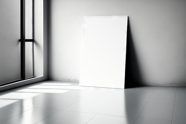 De pé sobre um piso de concreto em uma sala vazia branca, há uma maquete de um pôster de tela branca