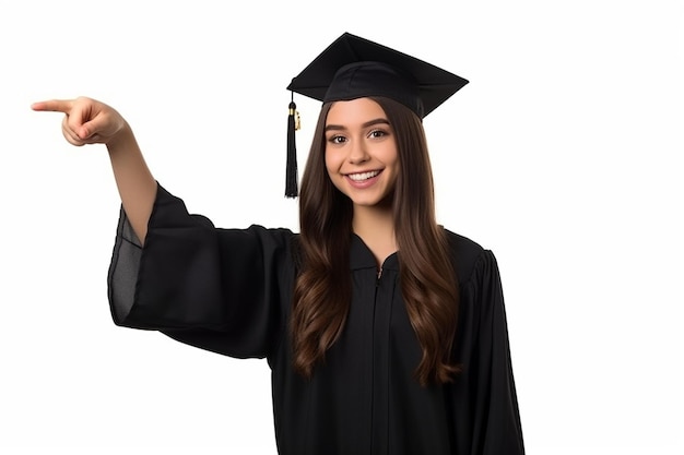 De pé sozinha contra um fundo branco, uma jovem estudante aponta para a IA generativa.