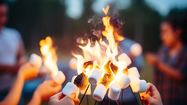 De perto, as mãos desfrutando do calor de uma fogueira à noite enquanto assam marshmallows em um bastão