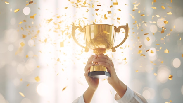 De perto as mãos do homem segurando a taça do troféu de ouro do campeão gerada pela IA