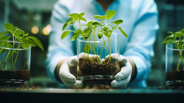 de perto das mãos do cientista com a biotecnologia das plantas e do solo o biólogo segurando as plantas