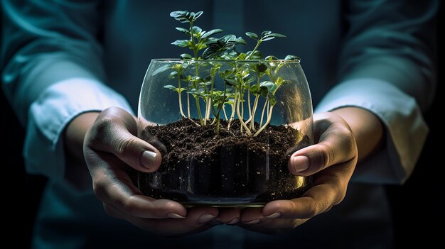 de perto das mãos do cientista com a biotecnologia das plantas e do solo o biólogo segurando as plantas