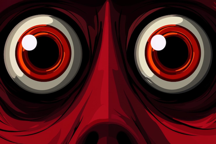 Foto de perto de dois olhos vermelhos olhando intensamente