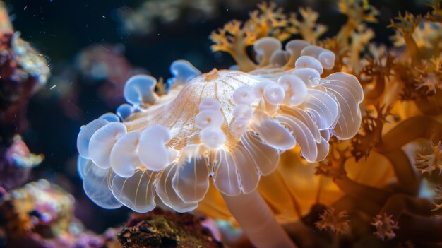 De perto de uma anémona do mar branco